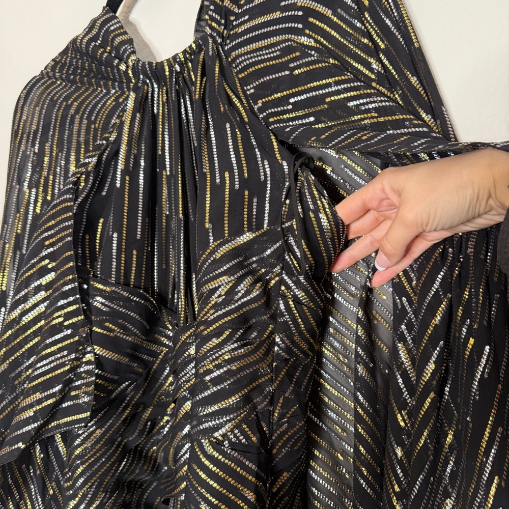 Peter Pilotto Gown Silk Metallic Caped Black Gold Silver Thread High Neck Size 6 - Picture 4 of 12